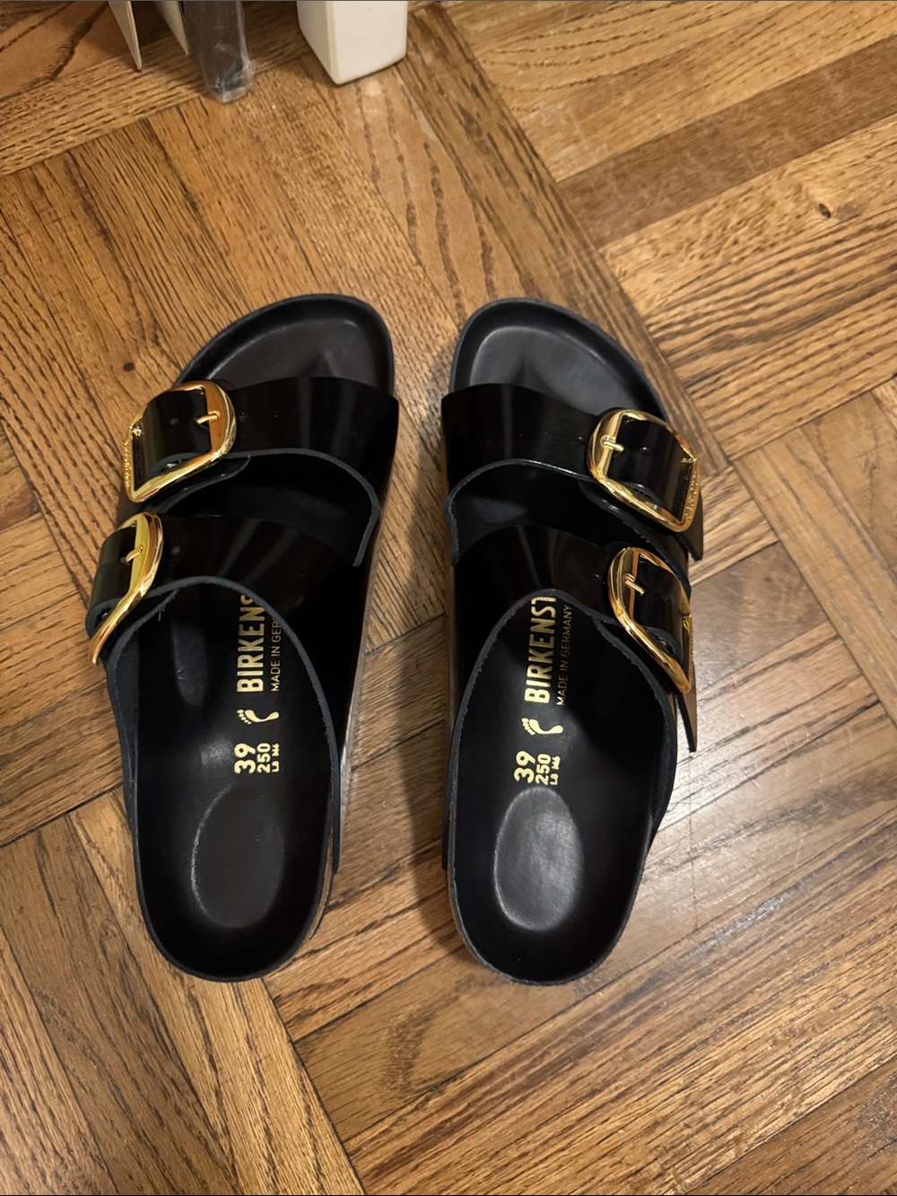 Birkenstock Black Patent Arizona Sandals with Gold Buckles